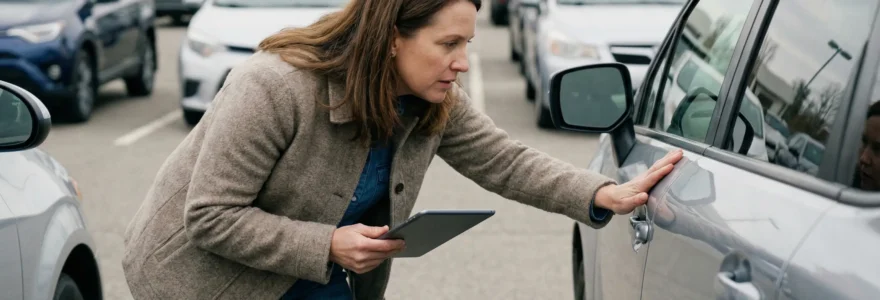 Agent de location inspectant une carrosserie de véhicule avec tablette numérique
