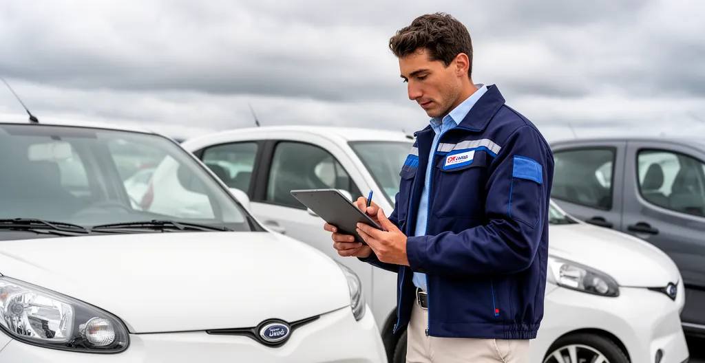 Agent de location effectuant un état des lieux véhicule avec tablette