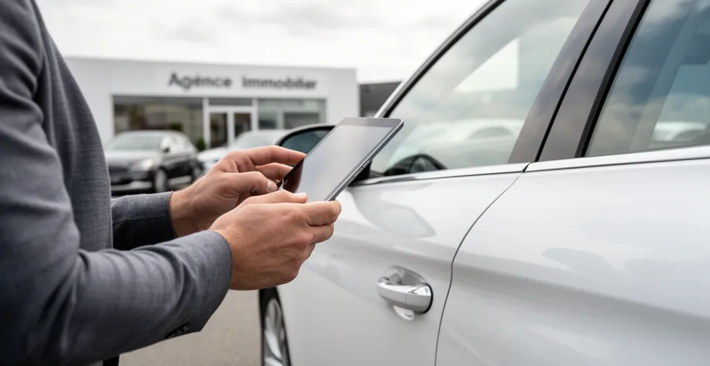 Agent de location photographiant une rayure sur véhicule avec tablette
