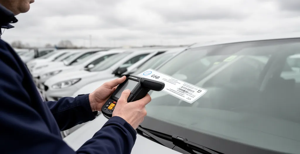 Agent scannant un tag d'identification sur véhicule dans parking de flotte