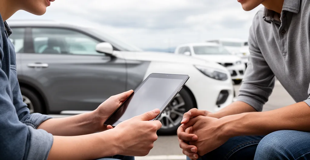 Deux personnes consultant une tablette près d'un véhicule de location