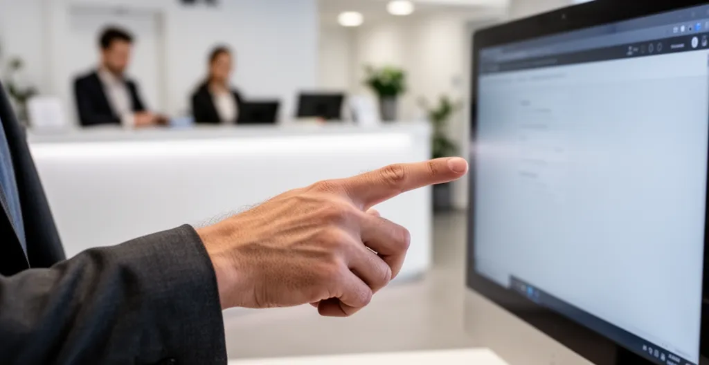 Équipe au comptoir d'agence avec agent consultant un écran