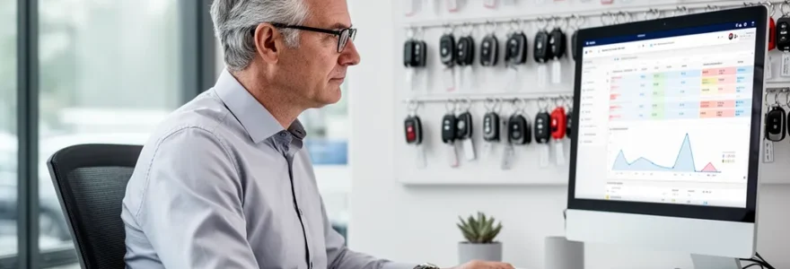 Gérant de société de location consultant son planning véhicules sur ordinateur