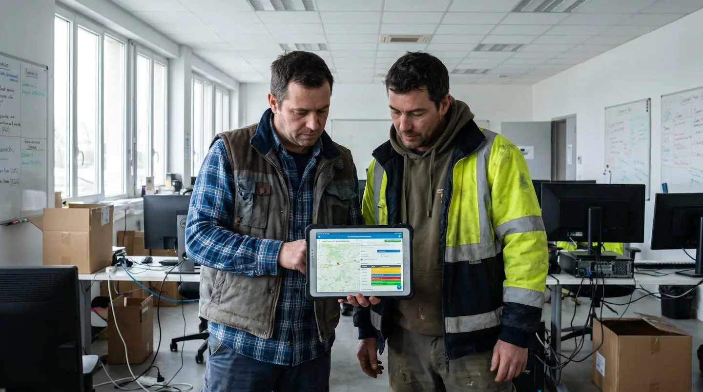 Deux professionnels télécoms consultant ensemble une tablette affichant un planning d'interventions dans un bureau contemporain