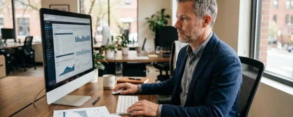 Un responsable financier de PME consulte un tableau de bord d'encours clients sur son écran, dans un bureau lumineux