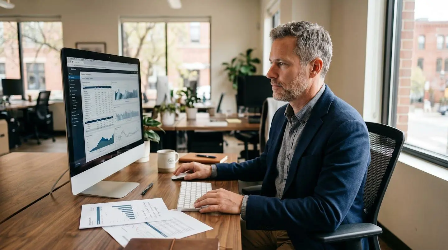 Un responsable financier de PME consulte un tableau de bord d'encours clients sur son écran, dans un bureau lumineux