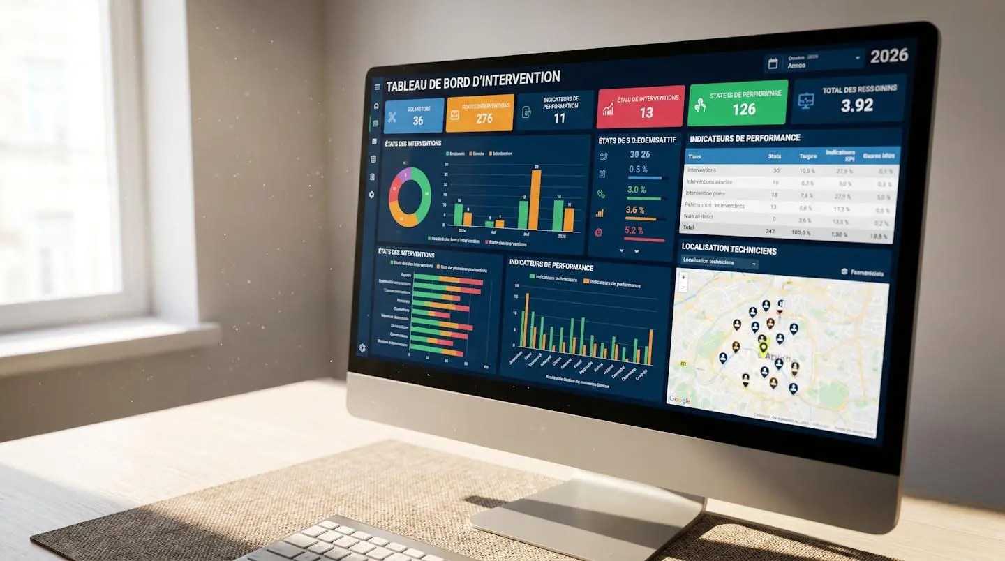 Écran d'ordinateur affichant un tableau de bord de gestion d'interventions avec indicateurs de performance temps réel et carte de localisation des techniciens