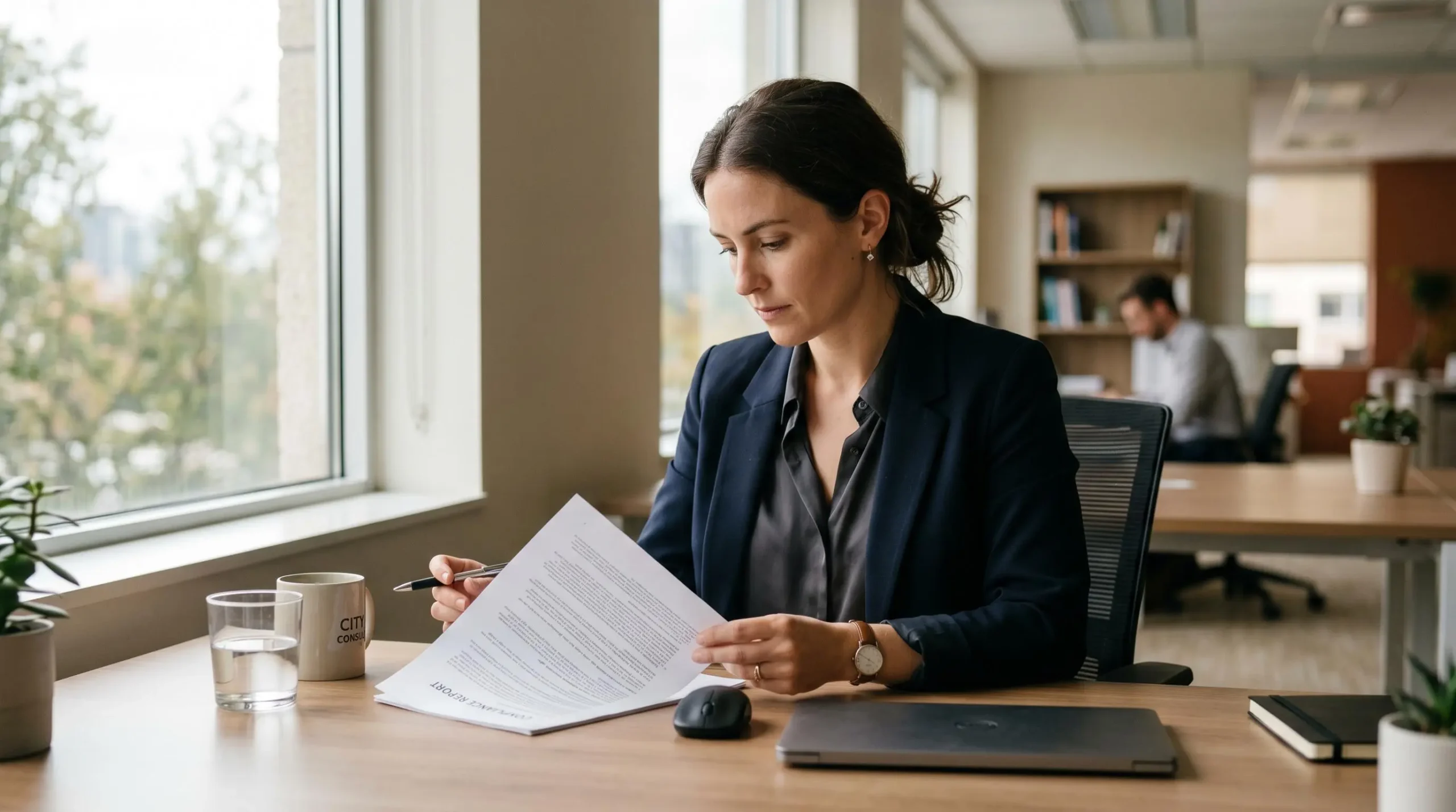Une professionnelle en droit ou finance consulte un document de conformité RGPD dans un bureau calme, expression concentrée