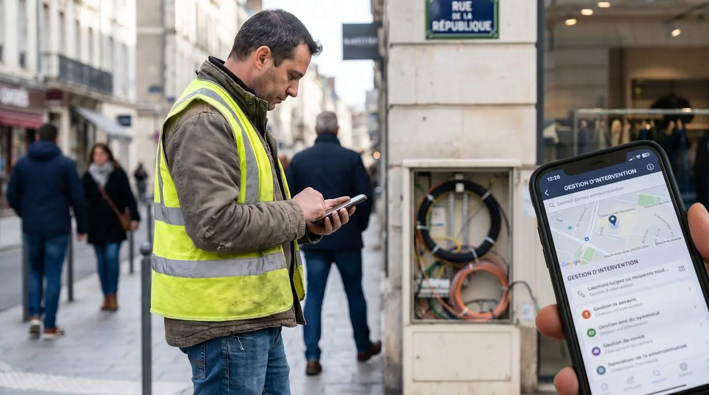 Technicien télécom en gilet de sécurité consultant une application mobile de gestion d'interventions sur un site urbain